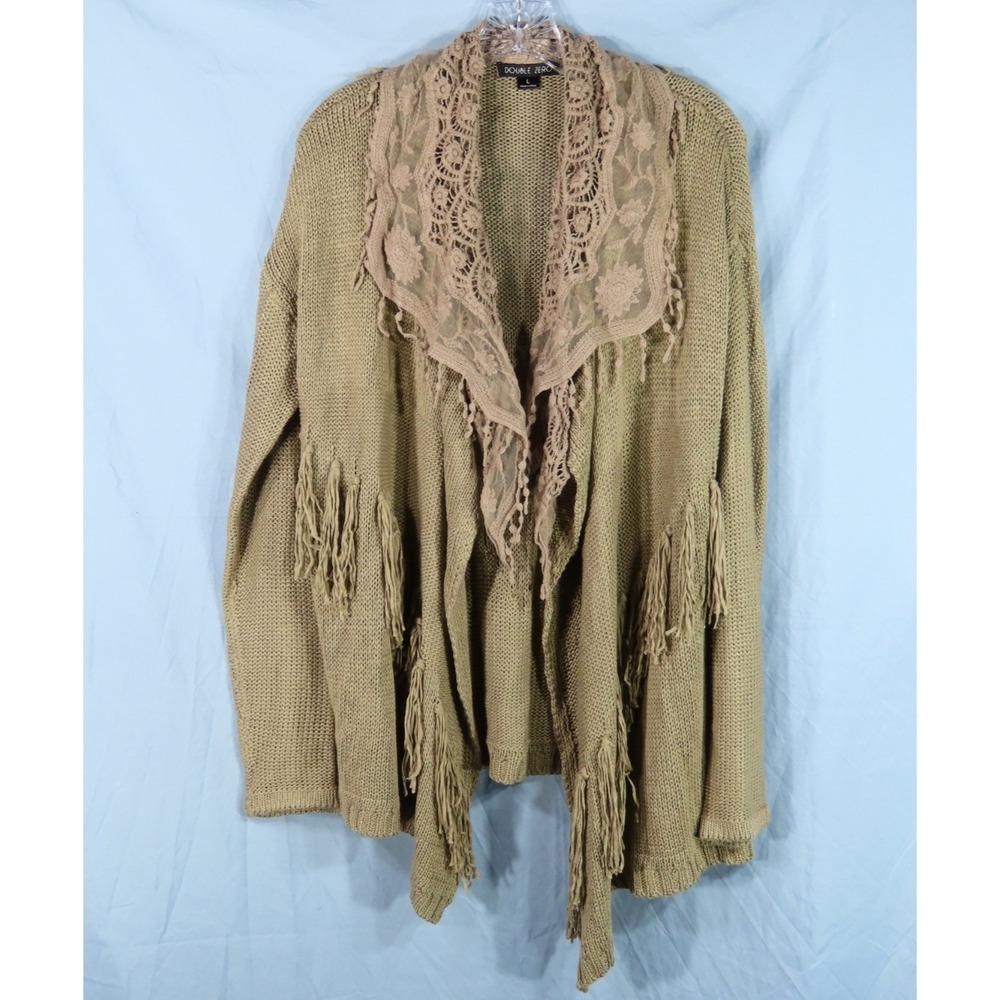 DOUBLE ZERO Buckle SWEATER CARDIGAN Brown Draped KIMONO w/FRINGE & LACE sz L